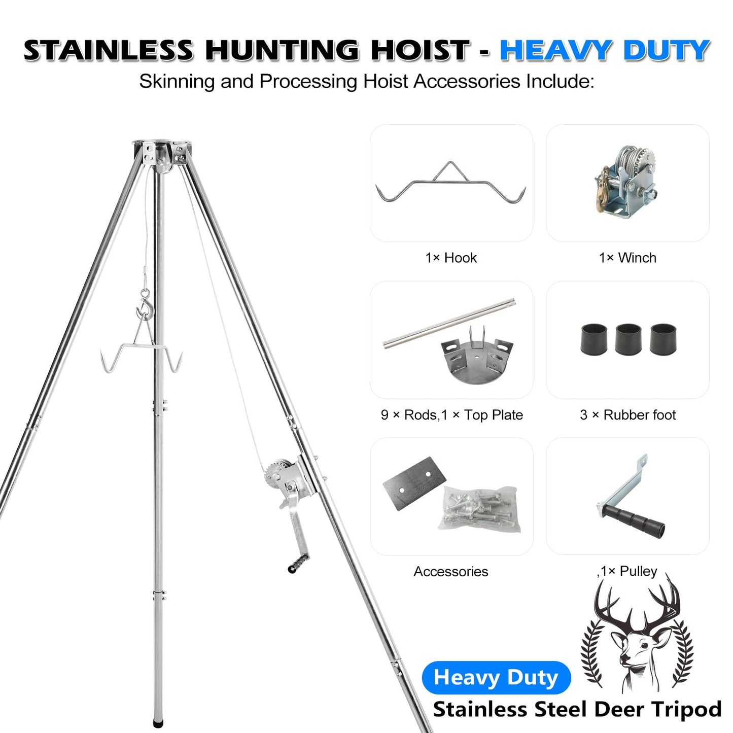 Smarkey Deer Game Hoist Tripod Deer Hanger Stainless Steel Rack Stand for Hunting Processing Cleaning Hide Skinning with 500lb Capacity Gambrel and Manual Winch - Heavy Duty