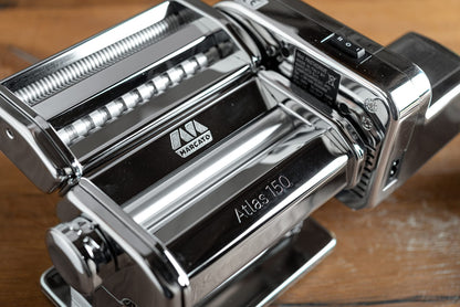 MARCATO Made in Italy Atlasmotor 110V Electric Pasta Machine, Chrome Steel. Set includes Atlas 150, handcrank, clamp, Pastadrive motor, and instruction manual