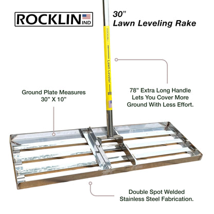 Rocklin™ Lawn Leveling Rake | Stainless Steel Surface Leveling Tool | Level Soil or Dirt Ground Surfaces Easily | 30” x 10” Ground Plate | 78” Extra Long Handle