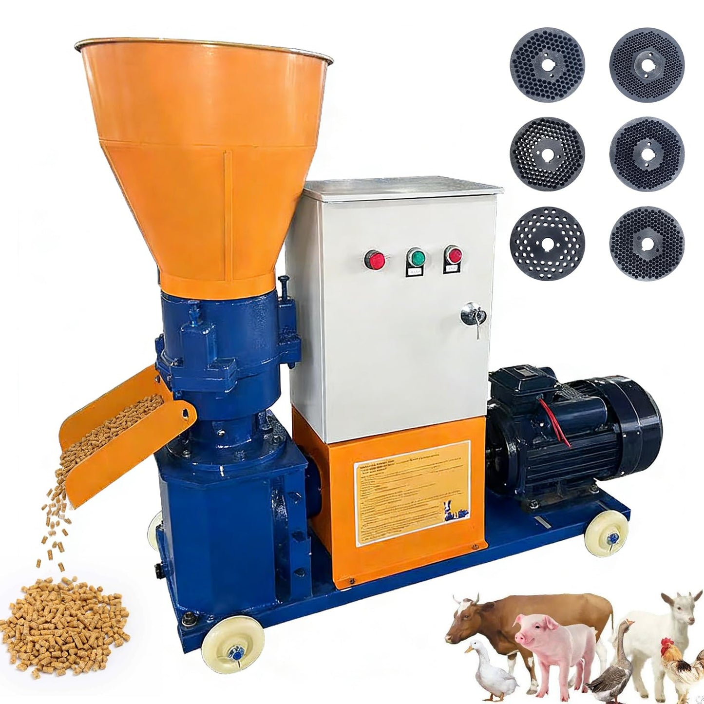 gaveming Upgraded 110V 60HZ Animal Pellet Feed Mill Machine w/Separate Control Box, Pellet Maker Machine with 6 Grinding Discs 2.5/3/4/5/6/8mm 5.5KW Copper Motor 220-440lb/h w/3 Head Rollers