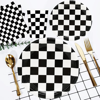 Black and White Checkered Race Car Party Supplies 150Pcs,Racing Party Tableware Set 9"& 7"Checkered Plates and Checkered Flag Napkins Knives Forks Spoons for Race Car Themed Birthday Party Decorations