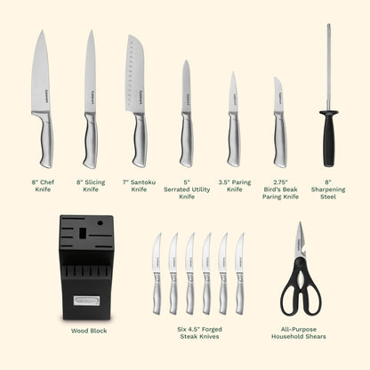 Cuisinart Stainless Steel Hollow Handle 15-Piece Cutlery Block Set, Kitchen Knife Set with Steel Blades for Precise Cutting, Durable Knives with Ergonomic Handles, C77SS-15PK