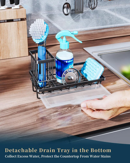 Consumest Sponge Holder for Kitchen Sink - Kitchen Sink Caddy Organizer with Removable Drip Tray for Countertop Dish Soap Dispenser Brush Storage Accessories 304 Stainless Steel - Black