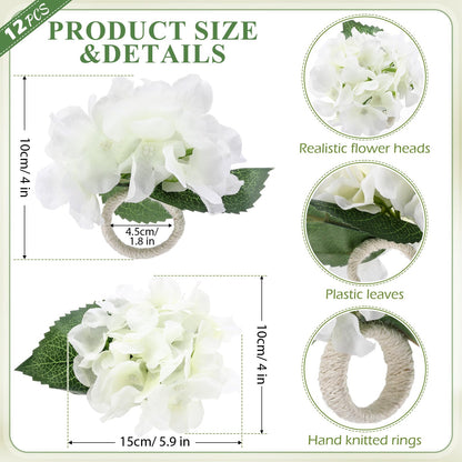 Yunsailing 12 Pcs Hydrangea Flower Napkin Rings Flower Handmade Napkin Holder Rings Floral Handicraft Band for Table Decorations Wedding Anniversary Holiday Birthday Party Supplies(White)