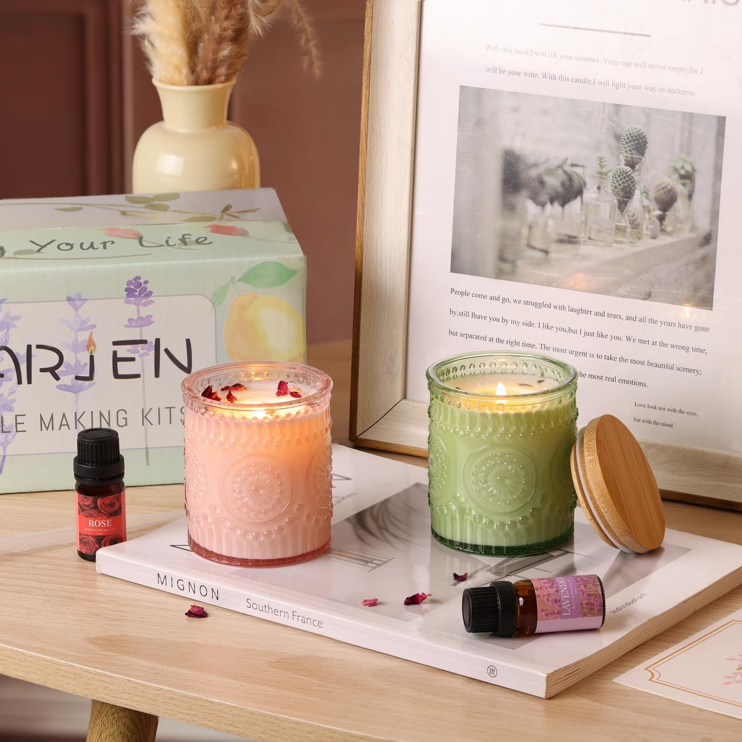 DARJEN Candle Making Kits for Adults- Soy Candle Making Supplies with 2 Candle Jars(Green, Pink), Wax, Scents, Card & More, DIY Starter Candle Making Kit, Full Set DIY Arts & Crafts Gift