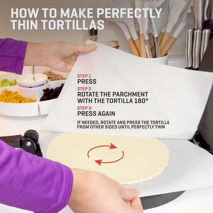 Uno Casa Cast Iron Tortilla Press 8 Inch - Tortilla Maker Press, Pre-Seasoned Roti Maker with 100 Pcs Parchment Paper - Heavy Duty Quesadilla Maker for Homemade Flatbreads, Rotis, Empanadas