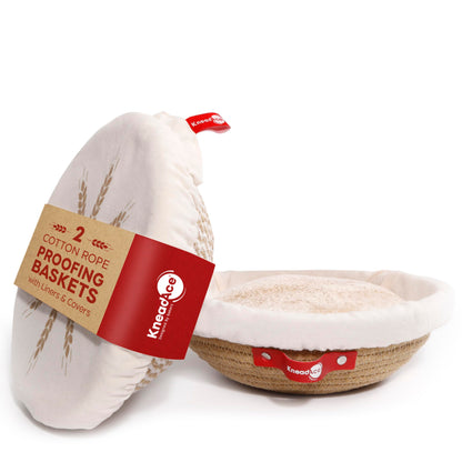 KneadAce Cotton Rope Banneton Bread Proofing Basket Set, 2 x Round Bread Basket with Liners & Covers for Artisan Bread Baking, Sourdough Bread Baking Supplies