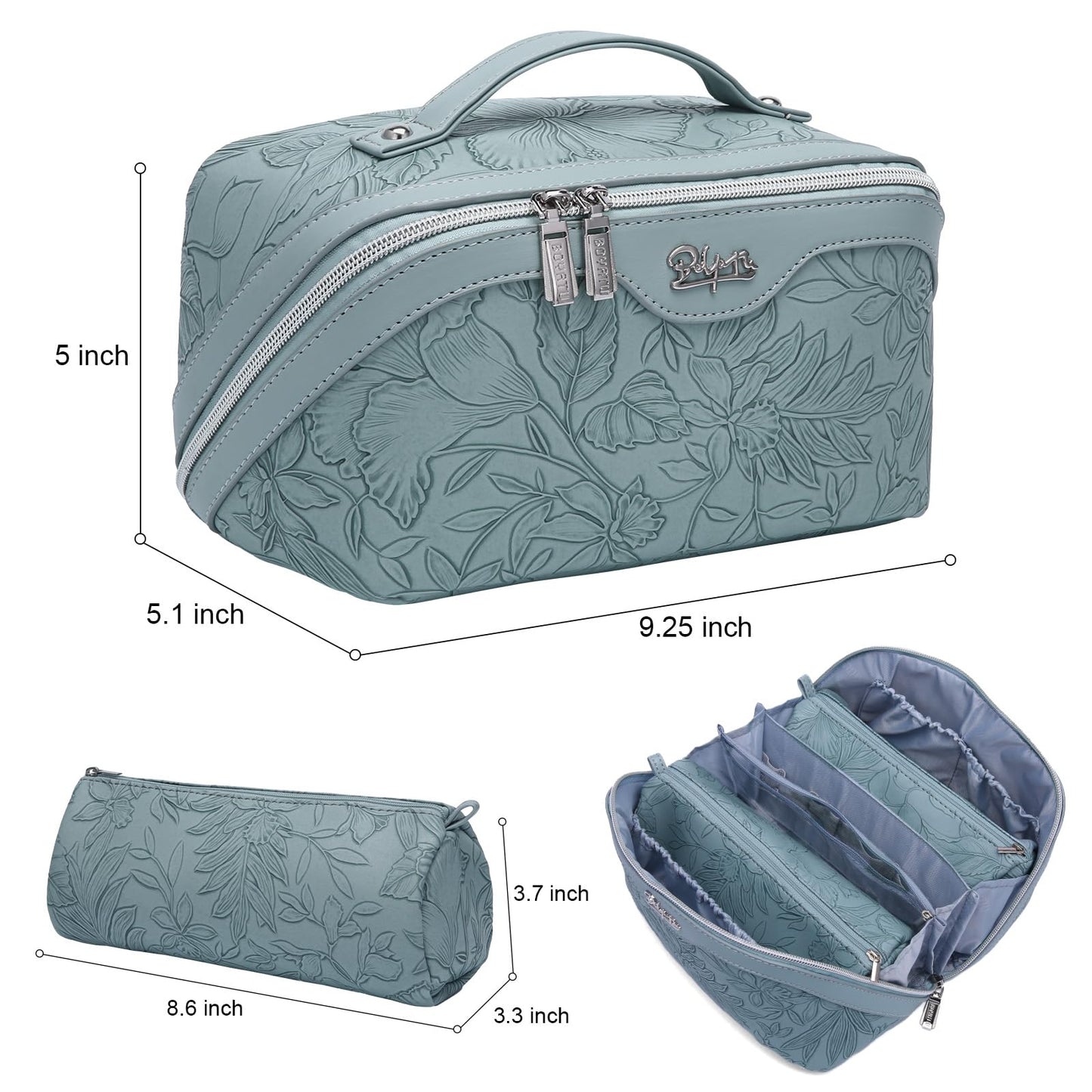 BOYATU Travel Makeup Bags Cosmetic Organizer Bag: 3-Set Large Capacity Make up Bag - PU Leather Toiletry Bags for Women - Wide Open Portable Pouch with Divider & Handle (01-Light Blue)