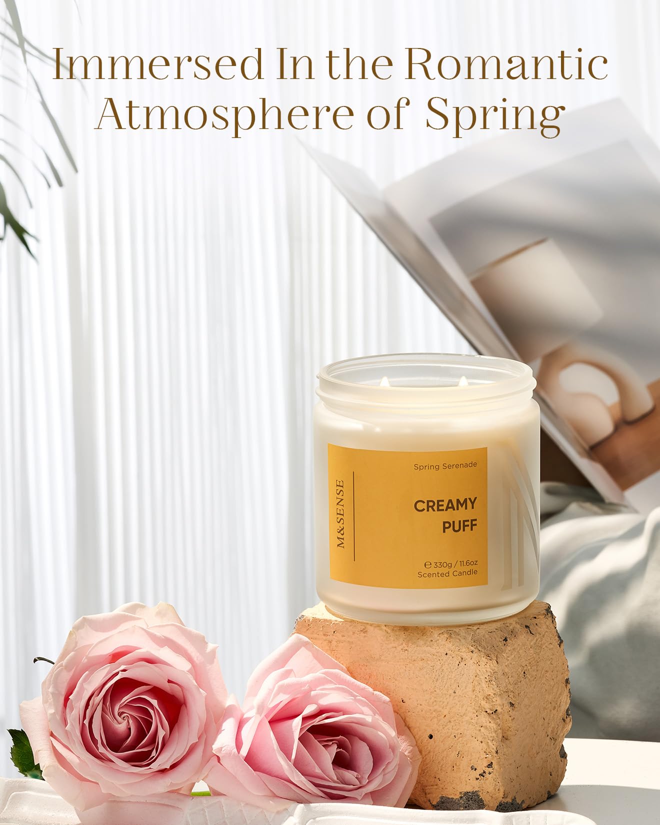 M&SENSE Sandalwood Gardenia Large Soy Candles, 11.6oz Natural Non Toxic Scented Candles for Home, 70-Hour Long Lasting Burning, 2 Wicks Spring Smelling Romantic Valentines Gift for Her/Him