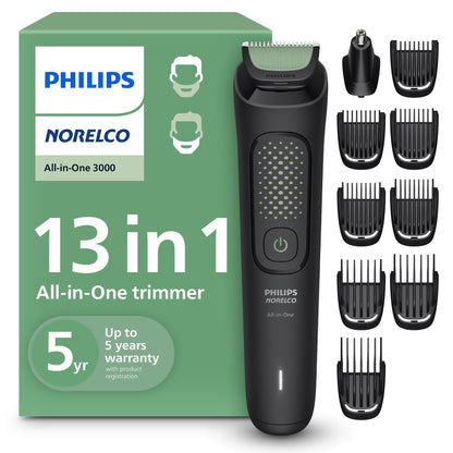 Norelco Philips Multigroom 3000 Series, All-in-One Trimmer, Beard Trimmer and Hair Clipper, 15-Piece Men's Grooming Kit for Head, Beard, Face, Nose, Ears, No Blade Oil Needed, Soft Pouch, MG3770/40