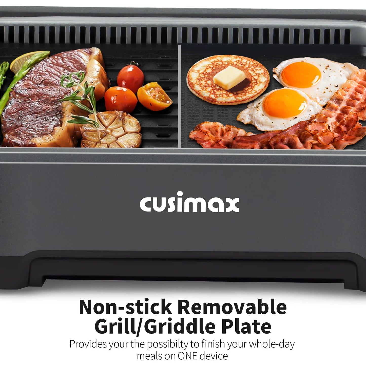 CUSIMAX Smokeless Grill, Electric Indoor Grill, 1500W Korean BBQ Grill with Non-stick Removable Grill/Griddle Plate, LED Smart Display & Tempered Glass Lid, Grey