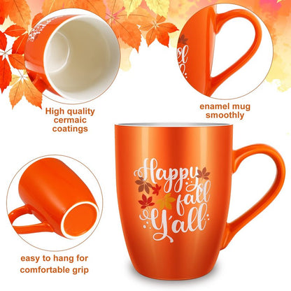 Funtery 2 Pcs Thanksgiving Coffee Mugs Fall Mugs Autumn Pumpkins Cups Happy Fall Y'all Coffee Mug Good Morning Pumpkin Cup Camp Mug Campfire Mug Ceramic Cup for Home Women Men Mom Dad (Orange)