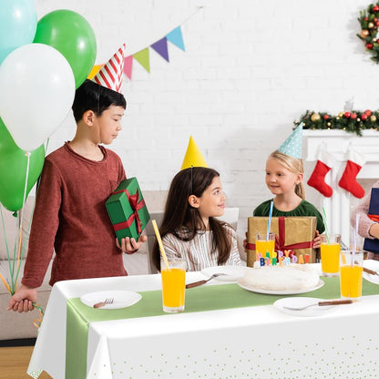 8Pack Plastic Tablecloths and Satin Table Runner Set Disposable White and Sage Green Dot Table Cloth Green Satin Table Runner for Wedding Birthday Baby Shower Anniversary Holiday Party Decorations