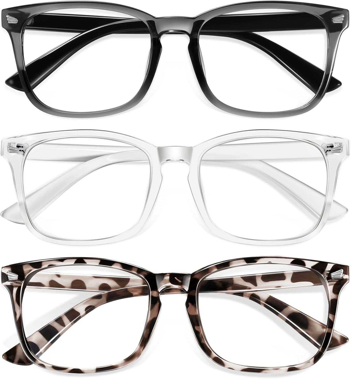 Okany Blue Light Glasses for Kids 3 Pack Blue Light Blocking Glasses for Girls Boys Computer Gaming Screen Glasses, Anti Glare Eyestrain Teen Fashion Glasses Age 3-10 (Grey Black+Transparent+Leopard)
