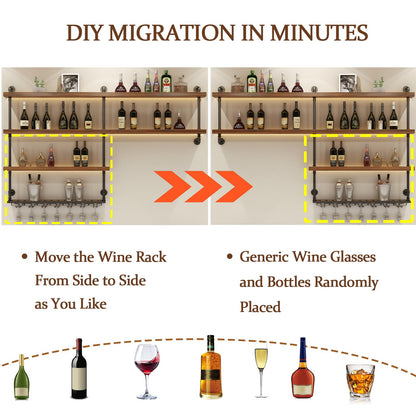 TAUODUYY 51.1in Large Wine Rack with LED Light, 4 Tiers Solid Wood Wall Mounted Wine Rack, Industrial Liquor Bottles Floating Shelves with Glass Holder for Home Bar/Dining Room (51.1in/130cm)
