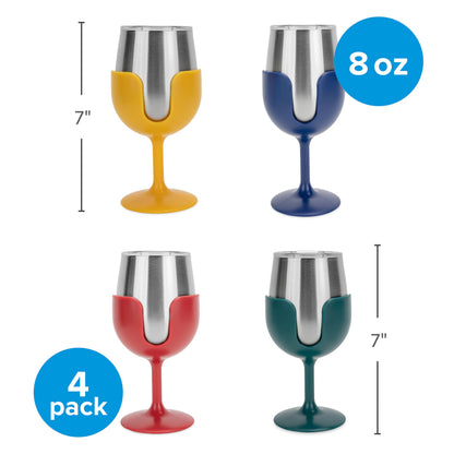 Camco Life is Better at The Campsite Stainless Steel Wine Tumbler 4-Pack - Features Heavy Duty Double Wall Vacuum Insulation & Removable Navy, Red, Green & Yellow Stems - Holds 8-oz Each (53465)