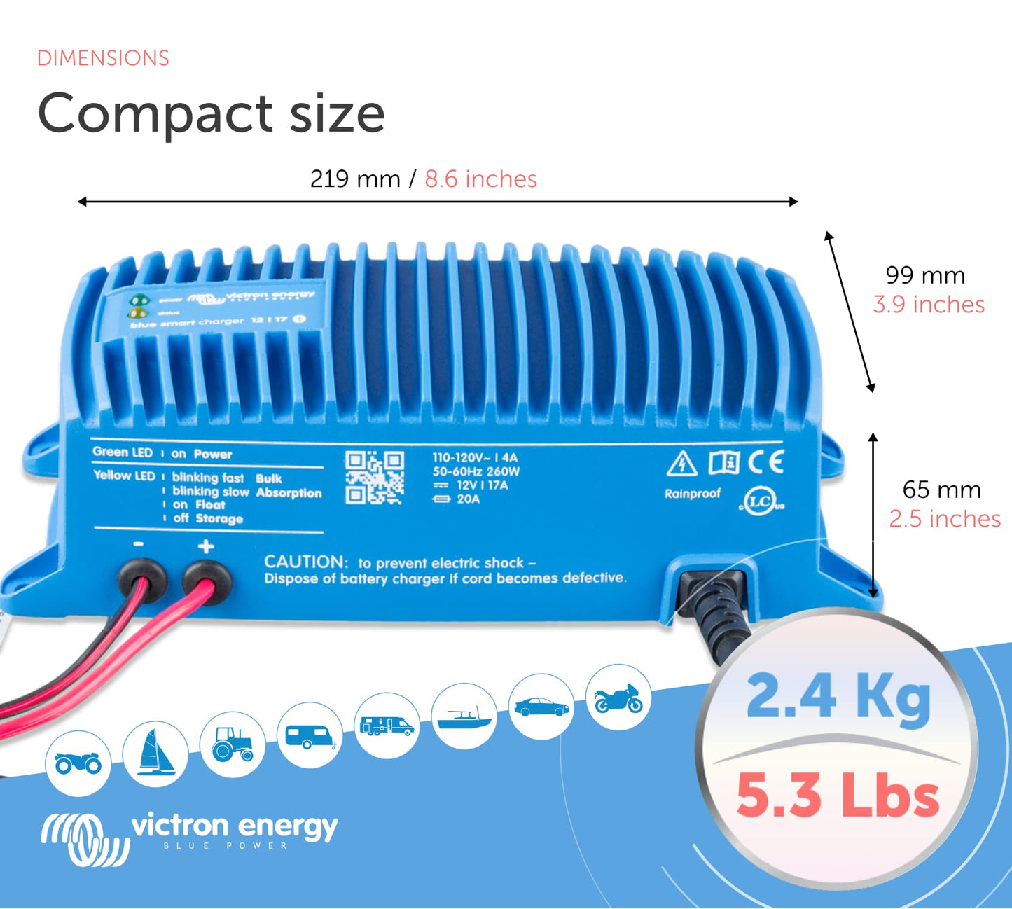 Victron Energy Blue Smart IP67 Smart Marine Battery Charger 12V 17A, Float & Trickle Charger and Desulfator for Boat, ATV, RV, Lithium and Deep Cycle Batteries