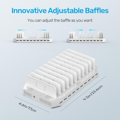 【5PCS】 Unitek Multi Charging Station, 10-Port USB Charger for Multiple Device with SmartIC Tech and Adjustable Dividers, Organizer Stand Compatible with iPad, Tablet, Kindle, iPhone - 5PCS, White