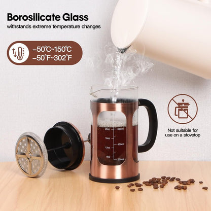 Panana 34 Ounce 1 Liter French Press Coffee Maker, Heat Resistant Borosilicate Glass Coffee Press, Cold Brew Coffee Pot Tea Press for Kitchen, Stainless Steel (Copper)