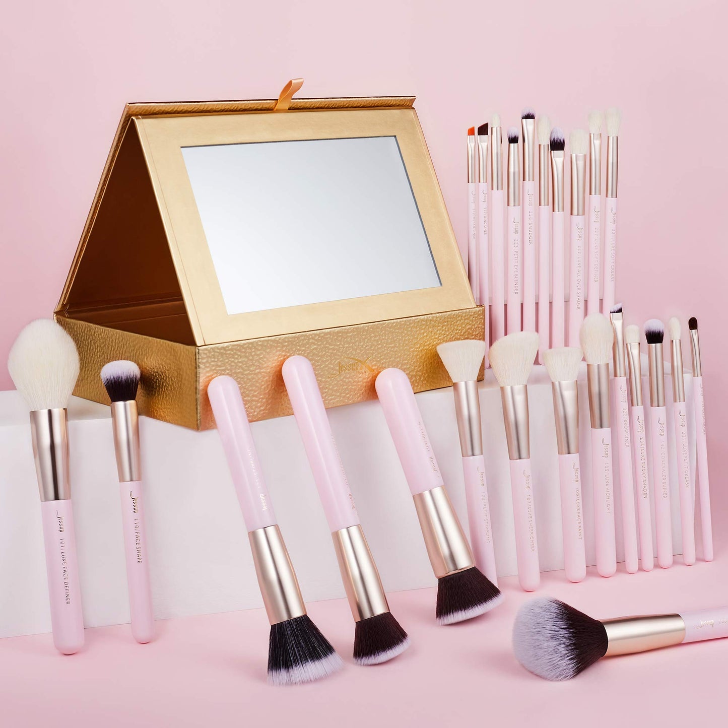 Jessup Brand 25pcs Professional Makeup Brush Set Beauty Cosmetic Foundation Powder Blusher Eyeshadow Blending Highlight Concealer Natural-Synthetic Hair Brushes Set (Pearl White/Silver)