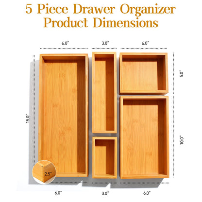 Secura Kitchen Drawer Utensil Organizer Box Set 𝟱 𝗣𝗮𝗰𝗸, Bamboo Utensil Holder Cutlery Makeup Silverware Jewelry Flatware Organization Tray for Kitchen, Bathroom, Office and Living Room