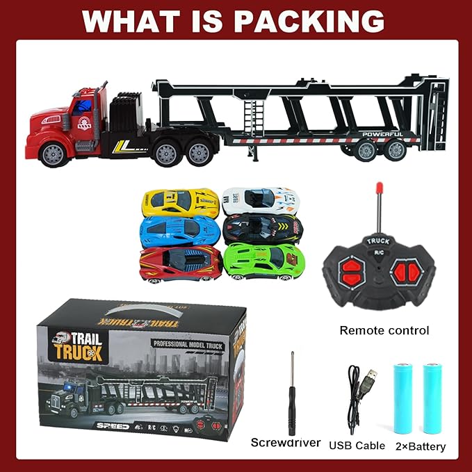 Remote Control Car Transporter Truck Includes 6 Cars 14 1:48 Car Transporter Semi Truck Toy Equipped with 2 Rechargeable Batteries Gifts Ideas for Boys Age 3-8 Year Old