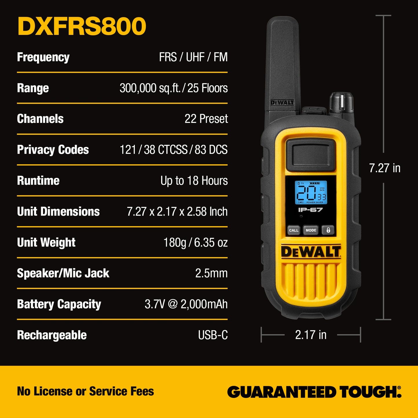 DEWALT DXFRS800 FRS Walkie Talkies, Long Range 2 Way Radio, 2W, IP67 Waterproof, 6 Pack with Gang Charger, DXFRS800-BCH6