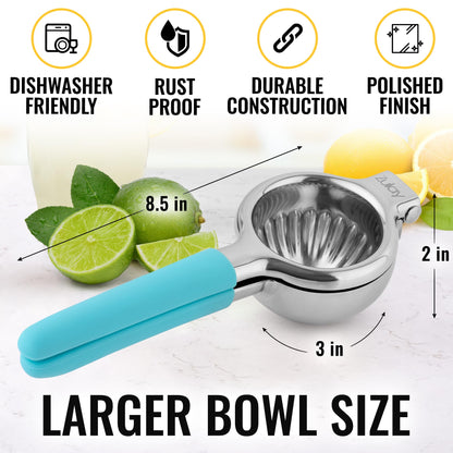 Zulay Lemon Squeezer Stainless Steel with Premium Heavy Duty Solid Metal Squeezer Bowl (Black Grip, Large)