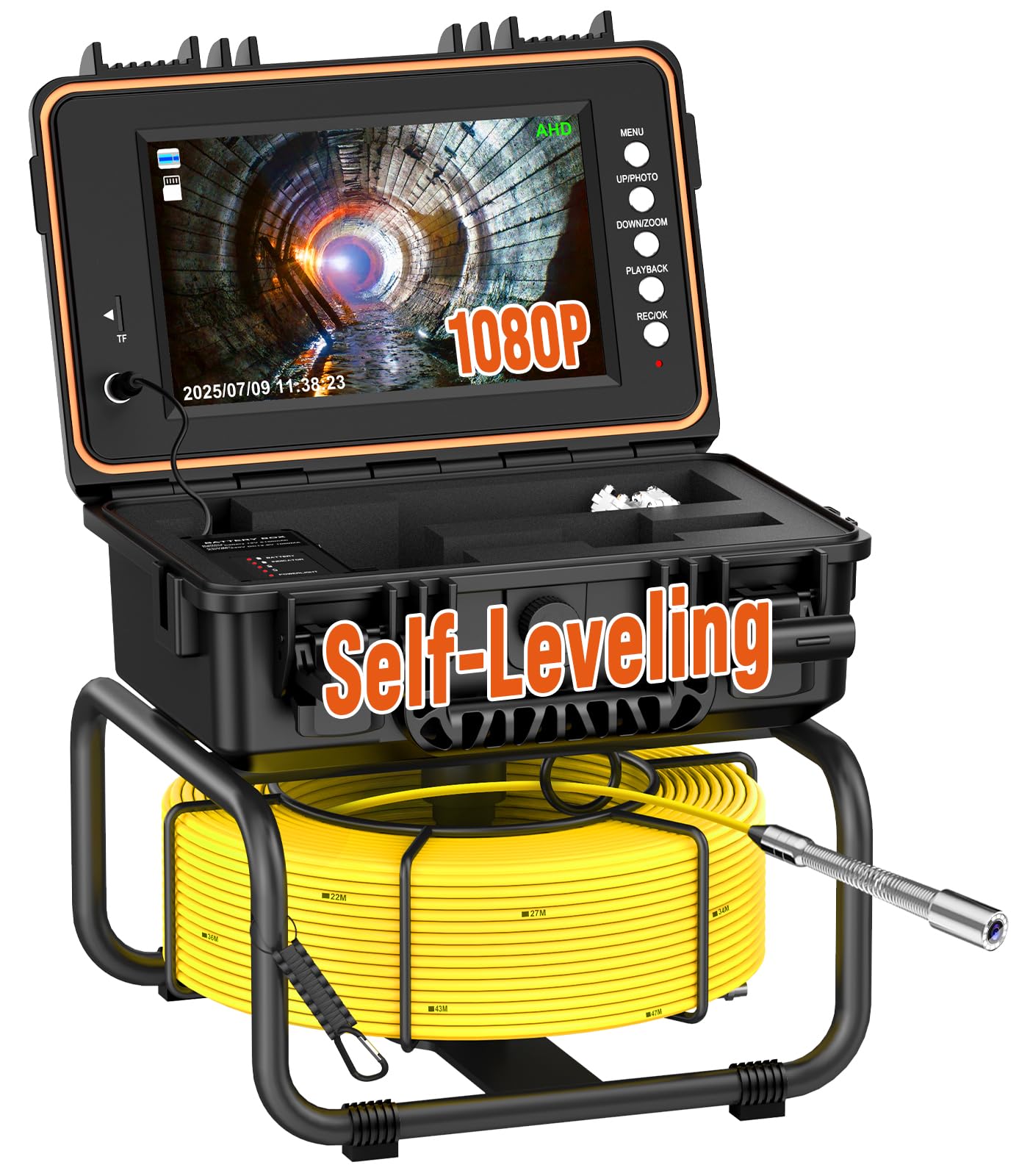 Drain Camera 165ft Self-Leveling with Meter Counter, 9 inch 1080p HD Screen, IP68 Waterproof Sewer Scope, 12 LED Lights, 32GB DVR Pipe Inspection System for Plumbing Line, Duct and Main Line