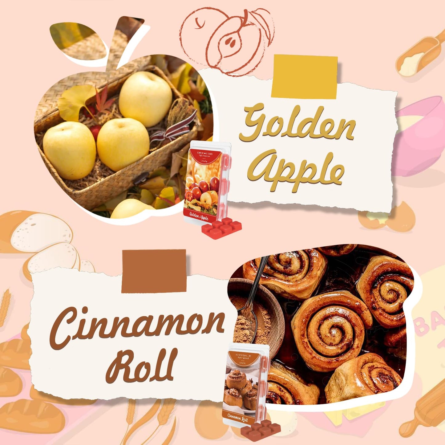 SCENTORINI Wax Melts, Wax Cubes Strong Scent, Summer Scent Candle Wax Tarts 4 Cinnamon Roll & 4 Golden Apple Scented Wax Melts for Warmer, Home Fragrances