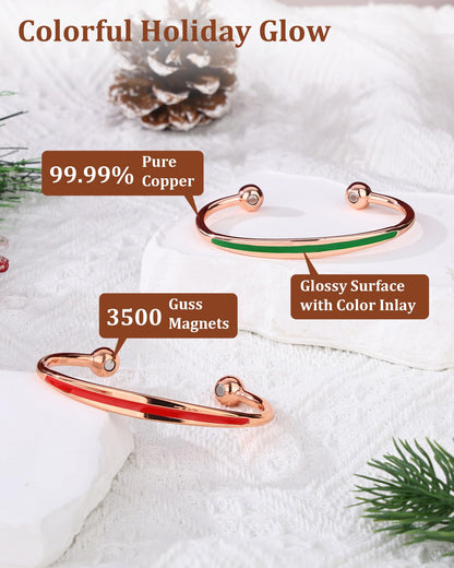 BioMag 2Pcs Copper Bracelets for Women Men, 99.9% Pure Copper Magnetic Bracelet Cuff Bangle with 8Pcs Magnets, Adjustable Jewelry Gifts (Green, Red-XMAS)
