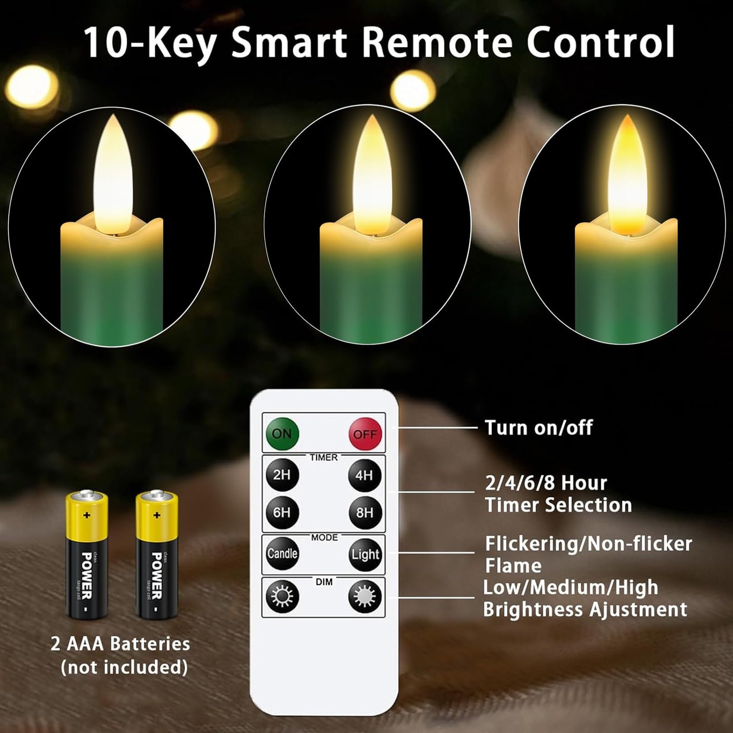 Upgraded Real Wax LED Flameless Green Taper Candles with Remote, KSWING 6 PCS Candlesticks Battery Operated 3D Flickering - 9.6" Long Realistic Fake Candle Sticks for Home/Wedding/Fireplace Xmas Decor
