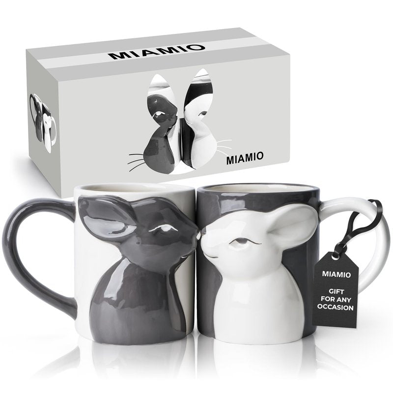 MIAMIO - Kissing Rabbit Mug Set of 2/13.5 oz Coffee Mug for Couples/Ceramic Coffee Cup Set/Gifts for Women/Men for Birthday, Easter or Christmas - Microwave- and Dishwasher Safe
