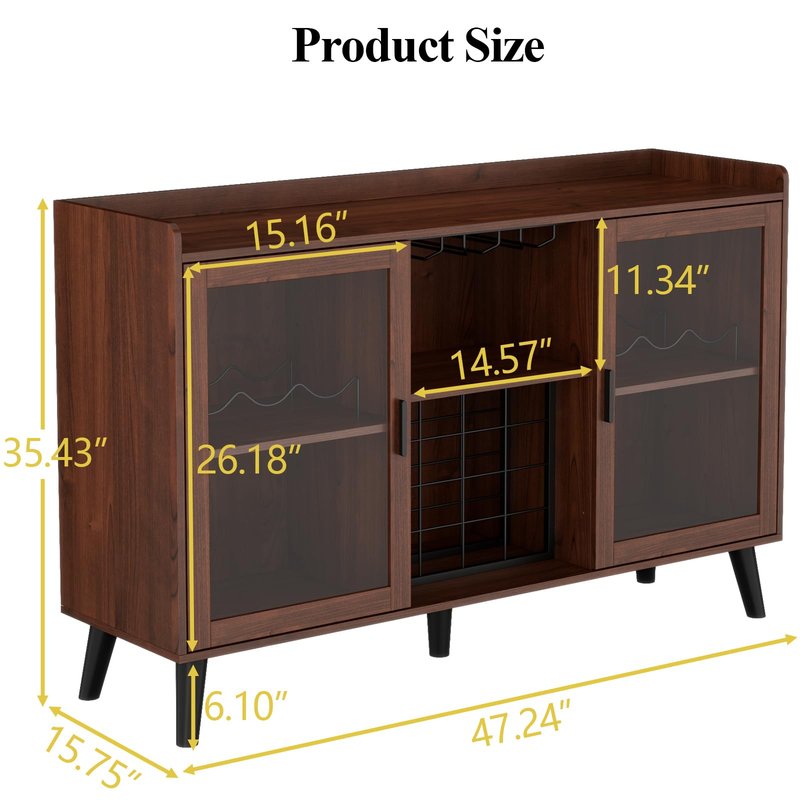 Loomie Wine Bar Cabinet with LED Light, Home Coffee Cabinet with Wine Rack and Glass Holder, Kitchen Buffet Sideboard W Storage Shelf, Freestanding Liquor Cabinet for Living Room, Dining Room (Walnut)
