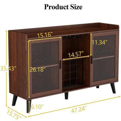 Loomie Wine Bar Cabinet with LED Light, Home Coffee Cabinet with Wine Rack and Glass Holder, Kitchen Buffet Sideboard W Storage Shelf, Freestanding Liquor Cabinet for Living Room, Dining Room (Walnut)