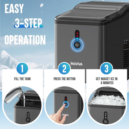 INOVIVA Nugget Ice Maker Countertop – 6 Mins Fast Ice Production, FLASHCHILL™, 26.5 LBS/Day, Self-Cleaning, Compact Portable Design, Ideal for Home, Office & Parties