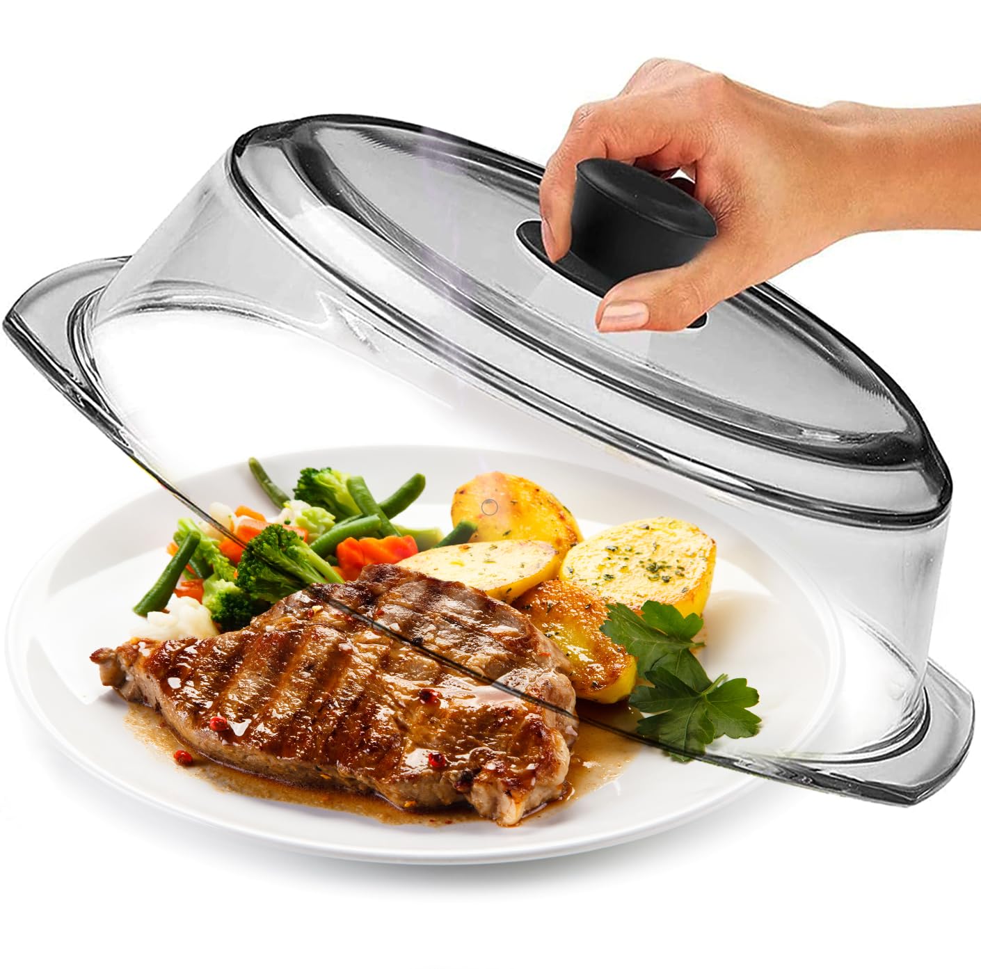 Le’raze Tall Glass Microwave Splatter Cover for Food - Cookware & Bakeware Serving Dish Cover, Plate Guard Lid with Easy Grip Silicone Handle Knob - 100% Food Grade BPA Free & Dishwasher Safe - 10in