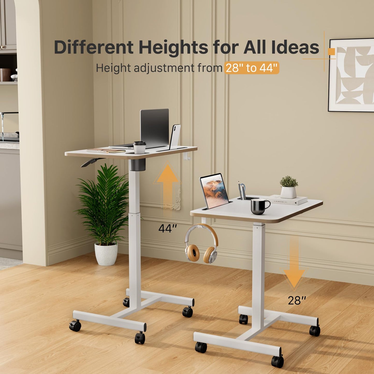Liftsync Mobile Standing Desk, Rolling Laptop Cart Adjustable Height with Cup Holder, 28 inch Portable Table with 4 Lockable Wheels, White Computer Workstation with Hook and Slots for Home Office