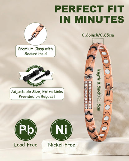 MagEnergy Copper Bracelet for Women, 99.9% Pure Copper Magnetic Bracelet, Adjustable Bracelet Jewelry Gifts (Crystal Style)