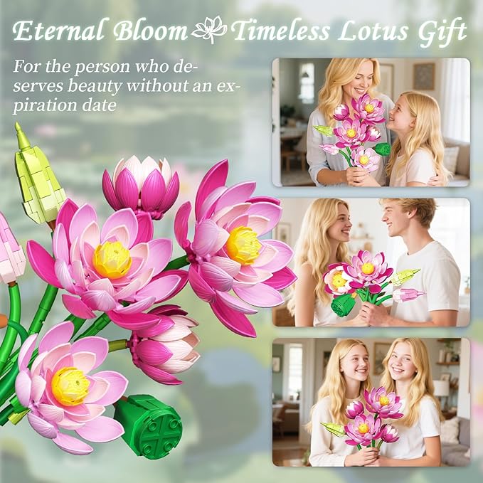 Lotus Flowers Botanical Building Set with Vase Compatible with Lego Flowers Botanicals Collection Pink Artifcial Flower Bouquet with Vase for Indoor Outdoor 710 PCS