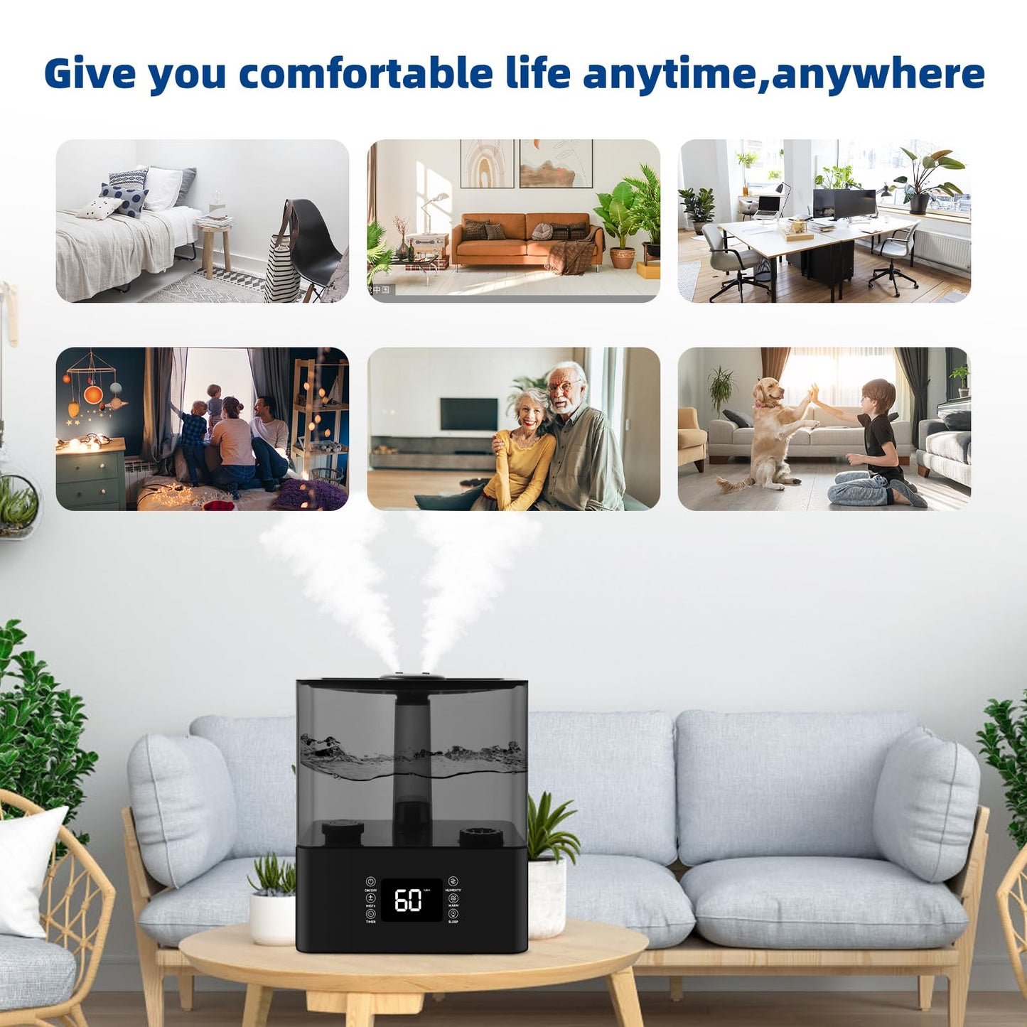 6L Humidifiers for Bedroom Large Room, Cool and Warm Mist Humidifiers for Nursery & Plants, Mist Top Fill Desk Humidifiers Essential Oil Diffuser with Adjustable Mist,360°Nozzle，Auto Shut-Off-Black