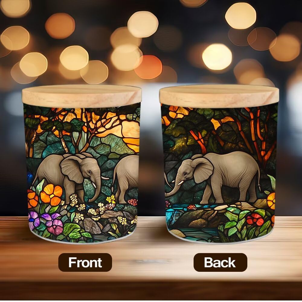 Stained Glass Elephants Tea Light Candle Holders, Forest Rivers Tealight Candle Holder Jar with Wooden Lid, Votive Candlesticks for Table Centerpieces, Christmas,Birthday Party,Home Decor