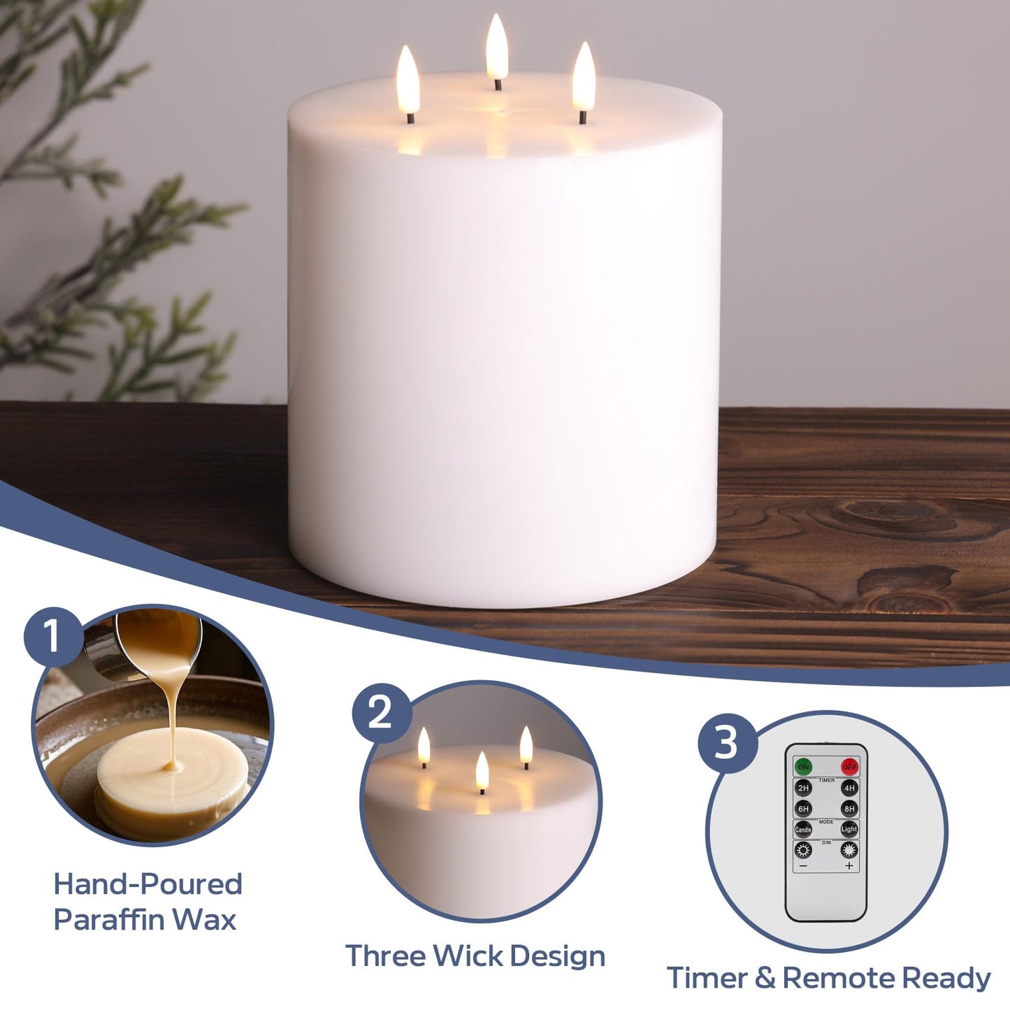 Eywamage White 3 Wick Flameless Pillar Candle Φ 6" H 6", Giant Real Wax Flickering LED Candle with Remote