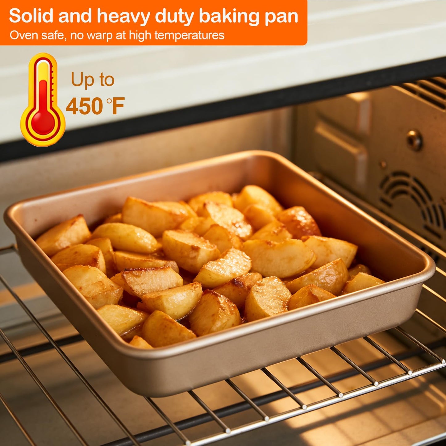 Barlket Square Baking Sheet 11x11 Inch and 9x9 Inch, Heavy Duty Non-Stick Baking Pan 28x28 for Toaster Oven, for Bread, Brownie and Cookie, Heats Evenly and Easy Release, Set of 2, Champagne Gold