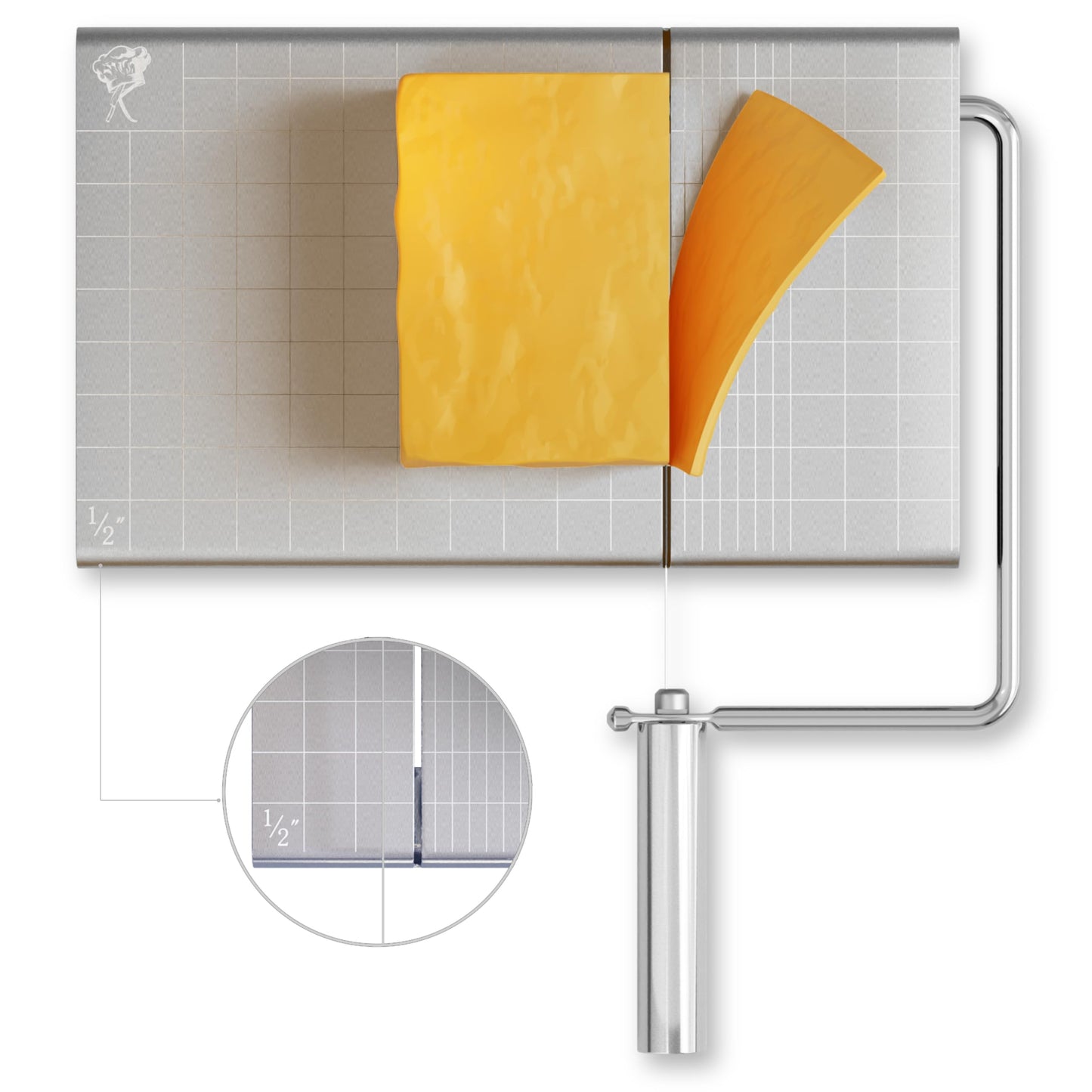 Cheese Slicer with Wire for Block Cheese - Adjustable Stainless Steel Cheese Cutter with Precision Scale, Ergonomic Design, 8 Replacement Wires - Perfect for Cheese Boards, Charcuterie, Kitchen Gadget