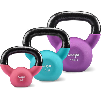 Yes4All Kettlebell, 5-65 LB Neoprene Coated Cast Iron Kettlebells, Wide Grip Handle & Flat Bottom for Swings, Squats, Deadlifts, Push Ups & Full Body Training at Home Gym - Single & Set
