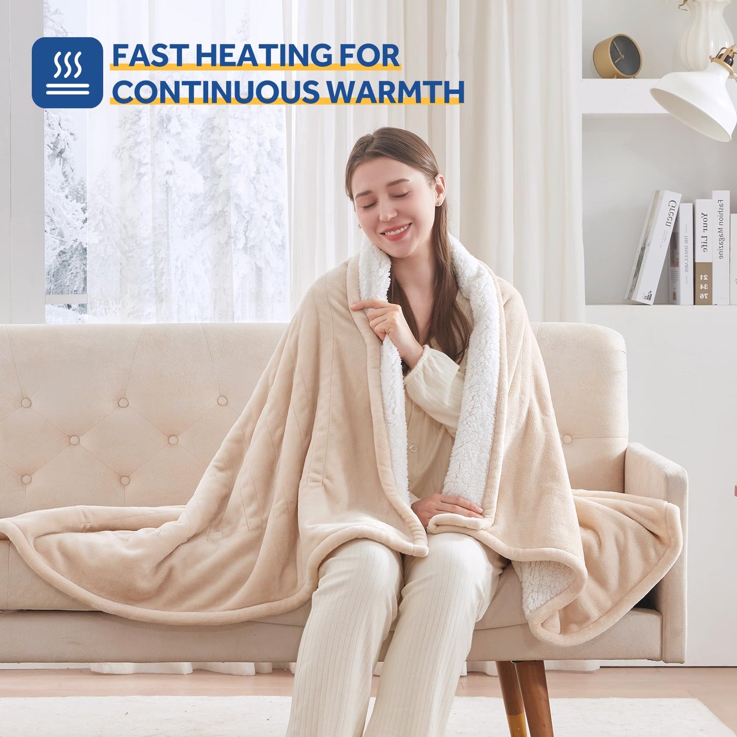 Sealy Electric Blanket Throw Size 50"*60",Super Cozy Flannel to Sherpa Reversible Heated Blanket Throw with 6 Heating Levels & 2-10 Hours Auto Off Overheating Protection Machine Washable,Beige