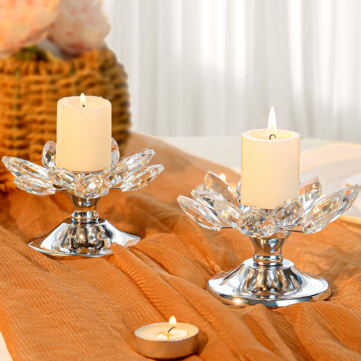2 PCS Silver Crystal Flower Tea Light Holder, Glass Tealight Candlestick with Metal Base, Votive Candle for Table Centerpiece, Wedding, Parties Decor, Nice Gift