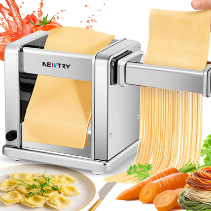NEWTRY Electric Pasta Maker Family Noodle Making Machine Dough Roller Press Cutter with 3 Blade Attachments 2mm/4mm/6.5mm Pasta for Home Use US 110V