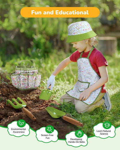 Kids Gardening Set Toys, Quality Garden Tool Kit for Kids and Toddlers, Includes Two Shovels, Garden hat,Rake, Apron,Gloves, Watering Can, and Tool Bag (Green)